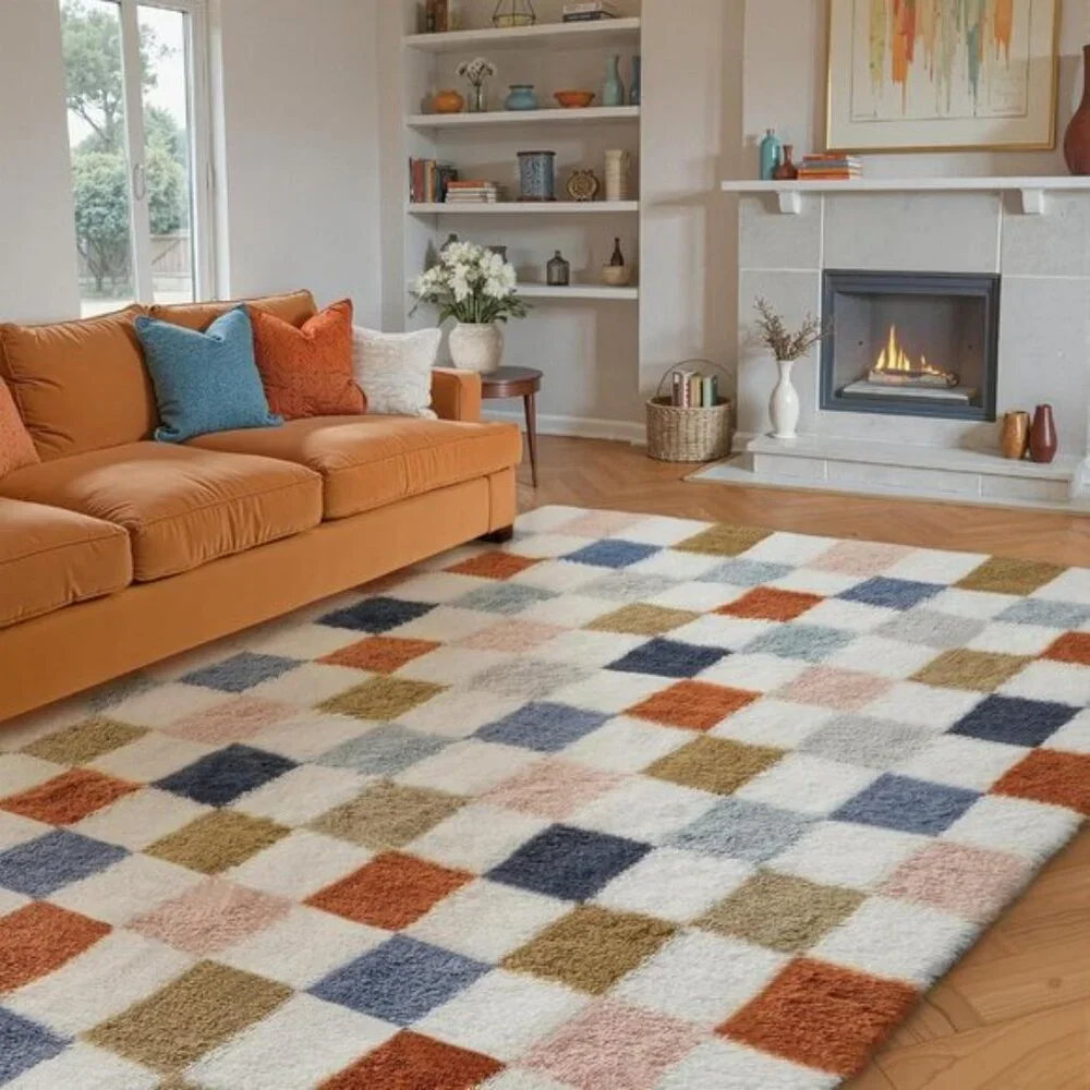 New 8x10 Checkered Rainbow Rug, Washable, Non-Slip, Super Soft Fluffy Carpet